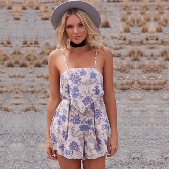 Open Strappy Back Handkerchief Front Floral Romper - Picture 2 of 3